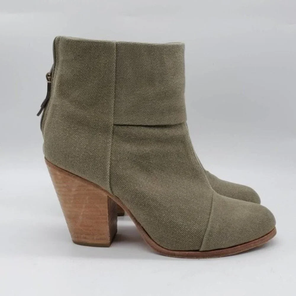 Rag & Bone Newbury Green Canvas Stacked Block Heel Ankle Boots - Picture 3 of 7